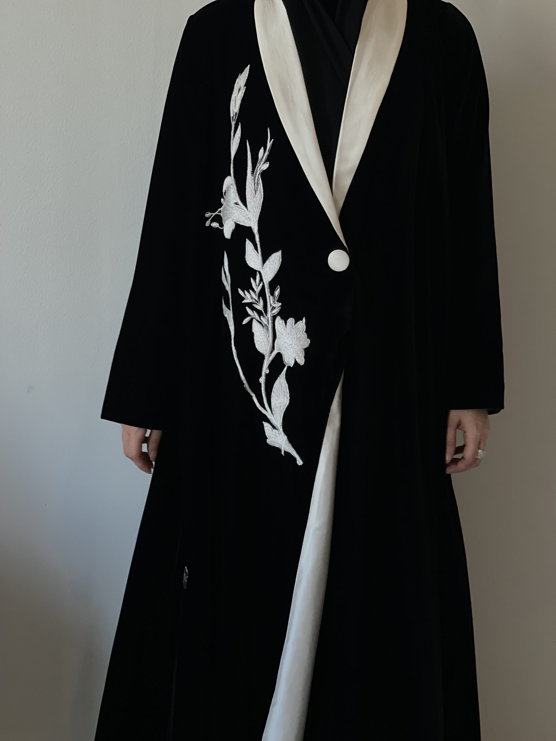 Floral Velvet Coat Abaya In Crepe - Line Clothing